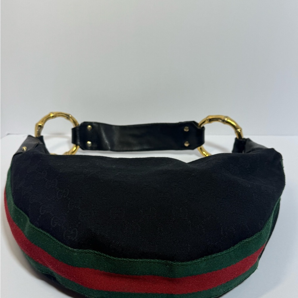 AUTHENTIC Gucci Black Crescent Bag w/Green & Red Stripe & Gold Bamboo Rings - Picture 3 of 11